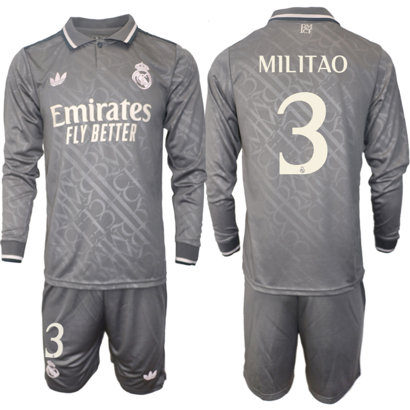 Men 2024-2025 Club Real Madrid away Long Sleeves Grey #3 Soccer Jersey->nfl hats->Sports Caps